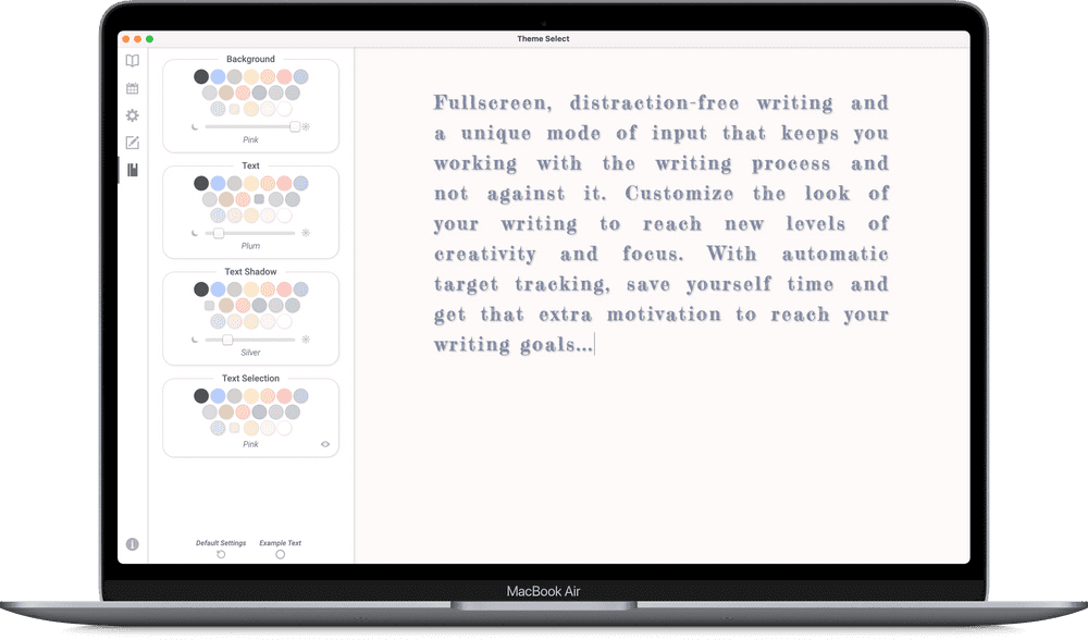 The picture shows Prime Draft on a laptop computer with the following text display: Prime Draft provides full screen, distraction free writing and a unique mode of writing that keeps you working with the writing process and not against it. Fully customizable, Prime Draft can track your writing targets, giving you that extra motivation and reward for achieving your writing goals.