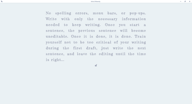 The picture shows Prime Draft writing software in fullscreen, distraction free writing mode. The following text is displayed: Fullscreen, distraction free writing and a unique mode of input that keeps you working with the writing process and not against it. Customize the look of your writing to reach new levels of creativity and focus. With automatic target tracking, save yourself time and get that extra motivation to reach your writing goals.